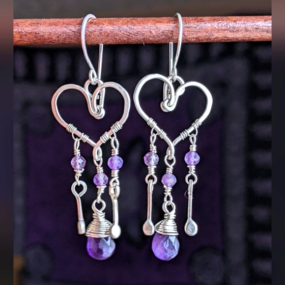Hand Crafted Jewelry - Artisan Sterling Silver Wire Wrapped Heart Earrings Amethyst Chandelier Style